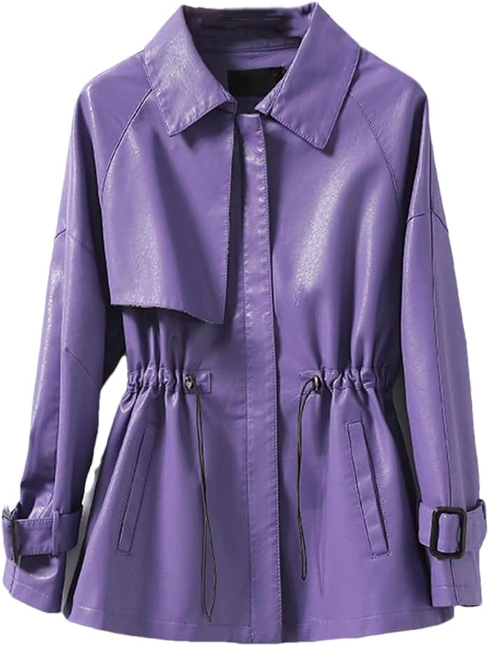Women Elastic Waist Sheepskin Jacket Lapel Zipper Casual Long Sleeve Pockets Loose Coat