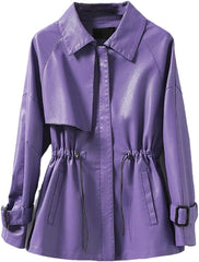 Women Elastic Waist Sheepskin Jacket Lapel Zipper Casual Long Sleeve Pockets Loose Coat