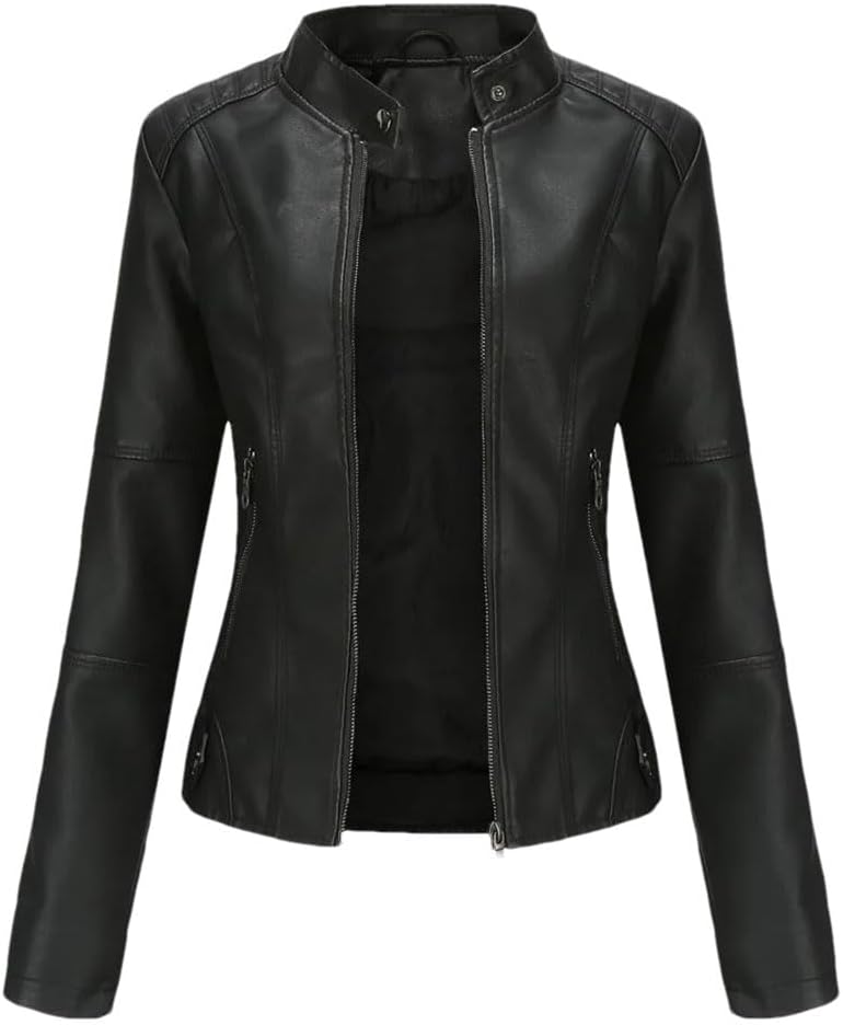 Women Spring Short Faux Leather Jacket Solid Color Slim Fit Jacket Fashionable Motorcycle Biker Jackets