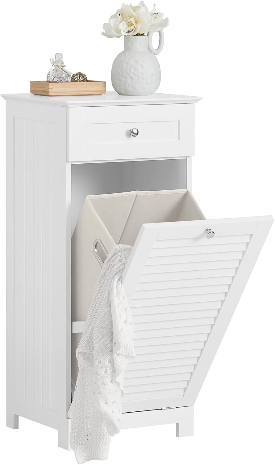 SoBuy Bathroom Laundry Cabinet Tilt-Out Hamper Unit Hidden Basket Organizer with Sliding Drawer Freestanding Narrow Sorter, White BZR73-W