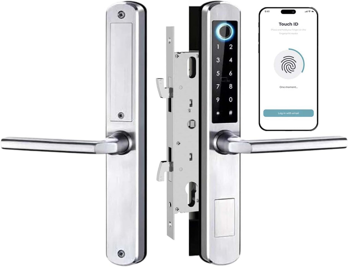 Smart Sliding Door Lock with Fingerprint, Password, IC Card, Mechanical Key & WiFi Tuya App Control | Keypad, Hook Mortise + Doorbell | Auto-Lock | Easy Install (Black)