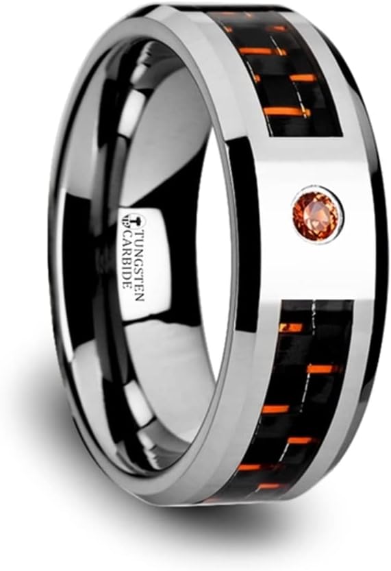 Roy Rose Jewelry Mens Tungsten Black and Orange Carbon Fiber Padparadscha Setting Wedding Ring - Polished Comfort Fit - 8mm Wide - Style Name: NOAH