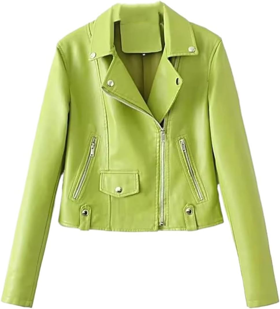 Women Light Green Faux Leather Asymmetrical Zipper Jacket - Short Crop Coat for Autumn Winter