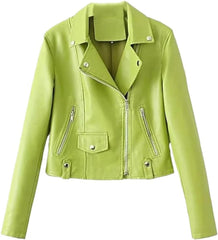 Women Light Green Faux Leather Asymmetrical Zipper Jacket - Short Crop Coat for Autumn Winter