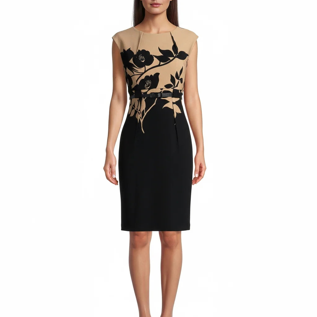 Connected Apparel Ottoman Floral Print Belted Dress
