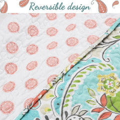 Paisley Floral Turquoise Blue Coral Yellow Grey Green Microfiber Reversible DayBed Quilted Bedding Set