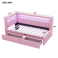Upholstered Twin Size Platform Bed with USB Ports, LED Belt & 2 Drawers, Pink