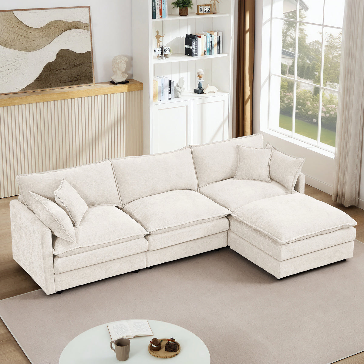 GDFStudio - Chenille Modular 3-Seater 102" L-Shaped Sectional Sofa with Ottoman
