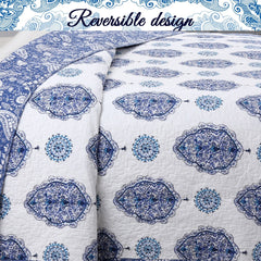 Cozy Line Hittle 3 Piece Cotton Reversible Quilt Bedding Set - Blue/White