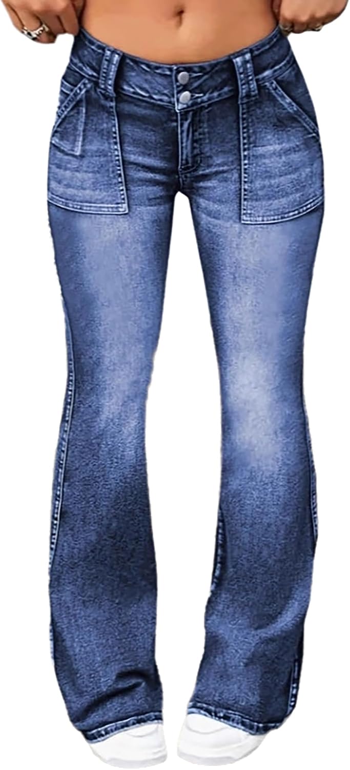 Women's Vintage High Waisted Flare Jeans Y2K Stretchy Slim Boyfriend Wide Leg Denim Pants