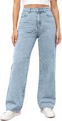Womens Jeans High Waisted Wide Leg Button Pull On Jeans Oversized Baggy Straight Leg Boyfriend Stretchy Denim Pants