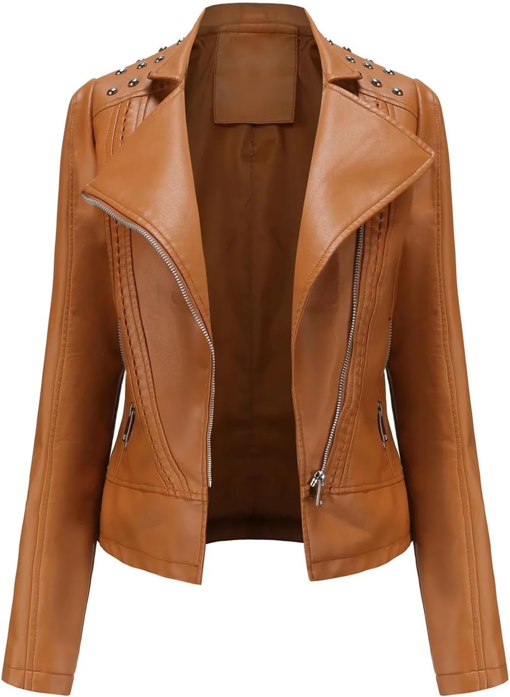 Women'S Punk Rock Leather Jacket Casual Slim Motorcycle Street Black Jacket Outerwear