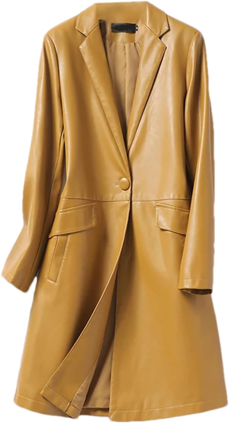 Mnjyihy Women Midi-Length Sheepskin Trench Coat Winter Blazer Collar Single Button Ladies Lambskin Jacket
