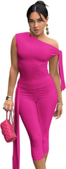 Elainone Capri Sets Women 2 Piece Outfits Sexy One Shoulder Sleeveless Crop Tops Bodycon Pant Sets