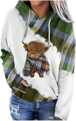 Women's Plaid Highland Cow Casual Hooded Sweatshirt Western Vintage Hoodie Highland Cow Shirt Plus Size