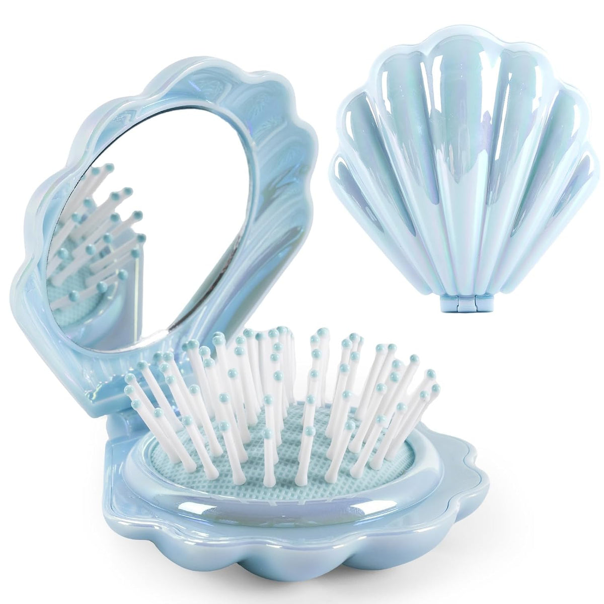 Metallic Shinning Finish Foldable Travel Hair Brushes with Mirror Shell Shape Portable Folding Pocket Hair Brush Mini Hair Comb Compact Size Hair Massage Comb (Pink)
