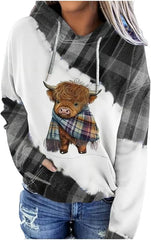 Women's Plaid Highland Cow Casual Hooded Sweatshirt Western Vintage Hoodie Highland Cow Shirt Plus Size
