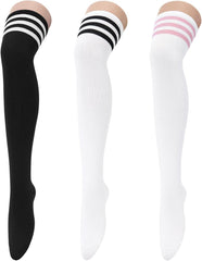 Century Star 3 Pairs Thigh High Socks for Women Over the Knee High Socks Triple Stripe Long Stockings Thigh Highs Leg Warmer