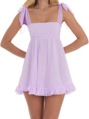 Women Y2k Tulle Babydoll Mini Dress Tie Shoulder Sleeveless Ruffled A-Line Flowy Short Dress Beach Streetwear