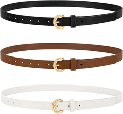WERFORU 3 Pack Women Skinny Belt Thin Waist Belt for Women Leather Belt with Gold Buckle for Jeans Pants Dress 0.74" Width