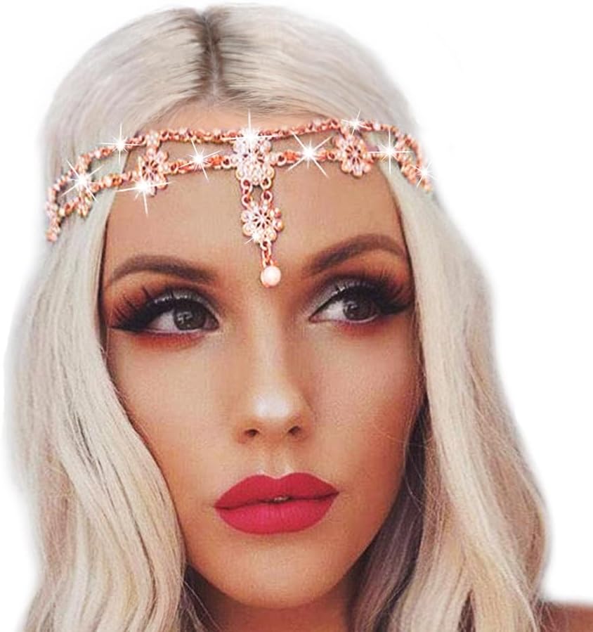 Wedding Headbands Chain Floral Head Jewelry Hair Pieces Crystal Pearl Head Chains Headpiece Festival Costume Bridal Hair Accessories for Women