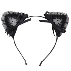 Black with Bowknot Sweet Lace Cat Ears Headband Hair Hoop Masquerade Party Hairband Cosplay for Women Girls (Black)