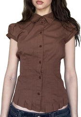 Y2k Girls Vintage Coquette Button Down Shirt Women Short Sleeve V-Neck Slim Fitted T-Shirt Cute Blouse Crop Top