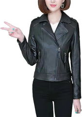 Women's Genuine Leather Sheepskin Jackets Winter Brown Black Zipper Design Slim Fit Leather Moto Biker Coats