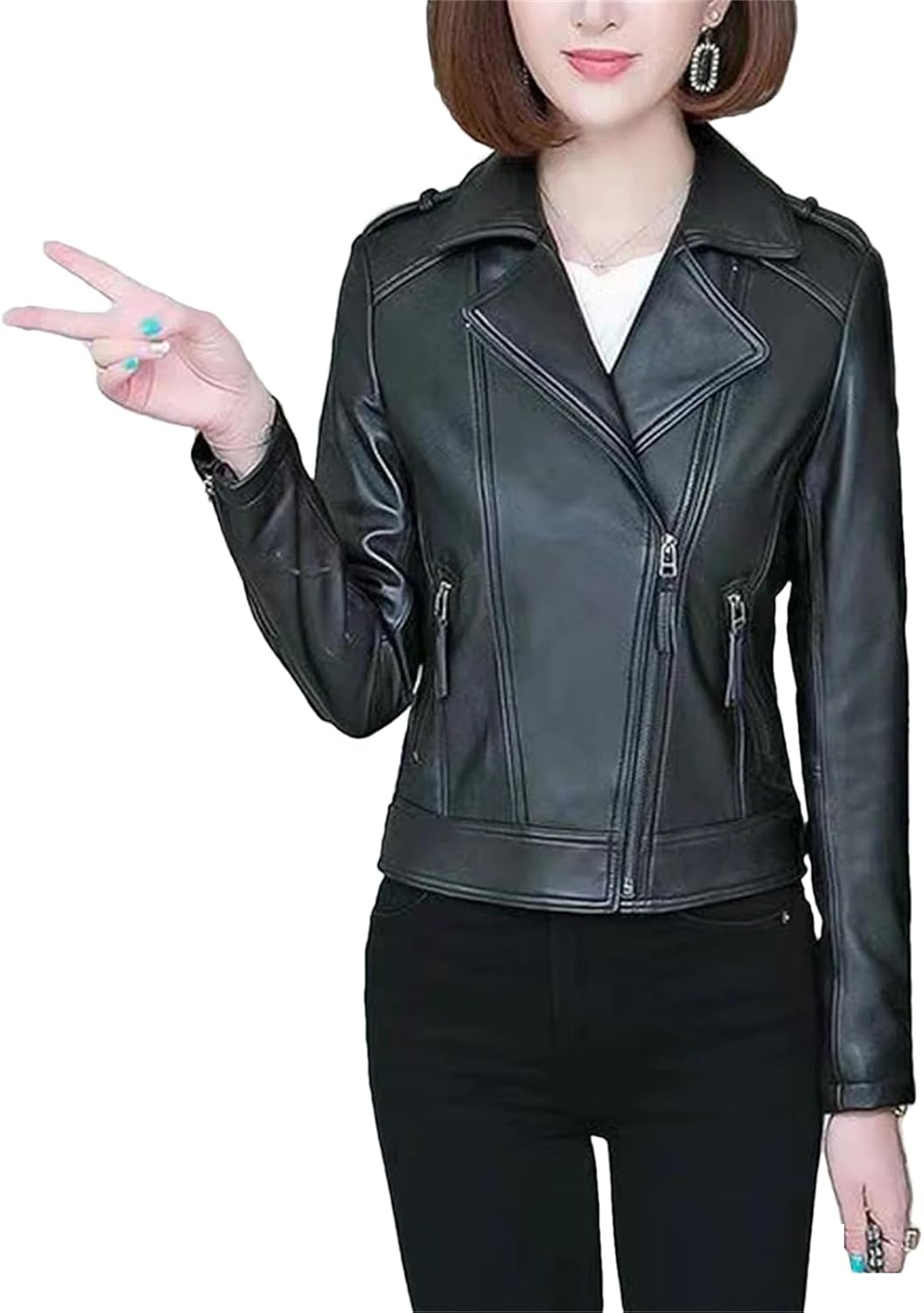 Women's Genuine Leather Sheepskin Jackets Winter Brown Black Zipper Design Slim Fit Leather Moto Biker Coats