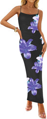 ZESICA Women’s Summer Bodycon Maxi Dresses 2025 Floral Spaghetti Strap Square Neck Sleeveless Boho Beach Long Dresses