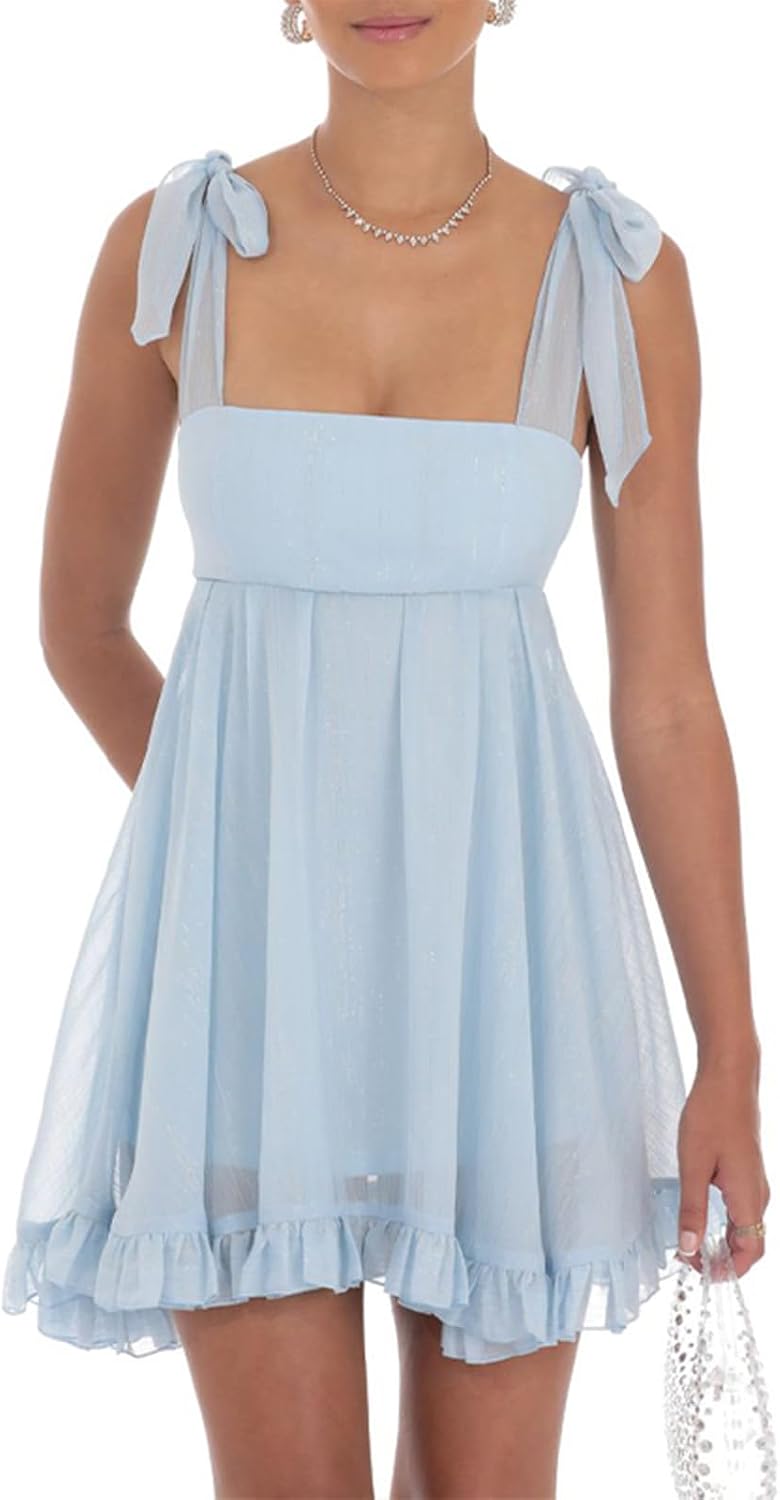 Women Y2k Tulle Babydoll Mini Dress Tie Shoulder Sleeveless Ruffled A-Line Flowy Short Dress Beach Streetwear