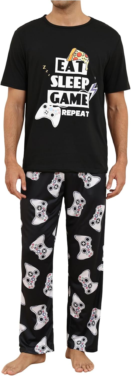 Verdusa Men's 2 Piece Summer Pajama Sets Crew Neck Graphic Tees with Long Pants Loungewear