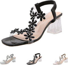 New Women Rhinestone Flower Clear Block Heel Sandals,Elastic Ankle Strap Chunky Square Open Toe Heeled Sandals Party Wedding,Open Toe Sexy Elegant Dress Shoes