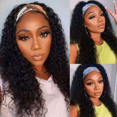 Rebasar Deep Wave Headband Wig Human Hair 14 Inch Curly Headband Wigs for Black Women Human Hair Glueless None Lace Front Wig Brazilian Virgin Hair Wear and Go Wigs 150% Density Natural Black Color
