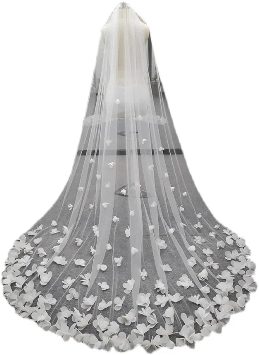 White Bridal Veil, Long Cathedral Wedding Veil, 3D Flowers Floral Petals with Comb, Wedding Accessories Girls