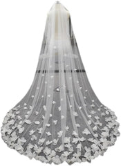 White Bridal Veil, Long Cathedral Wedding Veil, 3D Flowers Floral Petals with Comb, Wedding Accessories Girls