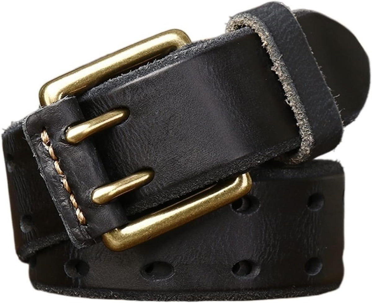 Vintage Mens Belt Cowhide Genuine Leather Belt for Men Copper Double Needle Buckle Handmade Jeans Belt Men(44in/110cm,Khaki)