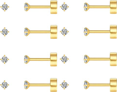 8 Pairs Tiny Flat Back Earrings for Women Men 14K Gold Plated Surgical Stainless Steel Stud Earrings Hypoallergenic Cubic Zirconia Cartilage Earrings, 2mm 3mm 4mm