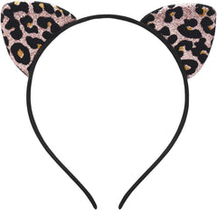 Glitter Leopard Cheetah Ears Headband for Women Girls, Halloween Cosplay Leopard Costume Hair Accessories for Adult