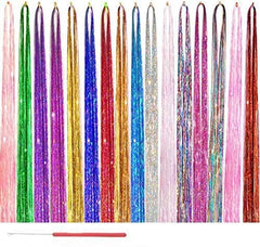 AMchoice Hair Tinsel Kit with Tools 16 Colors 3500 Strands Fairy Hair Tinsel Heat Resistant Sparkling Shiny Tinsel Hair Extensions 48 Inch Colorful Hair Tinsel strands Kit