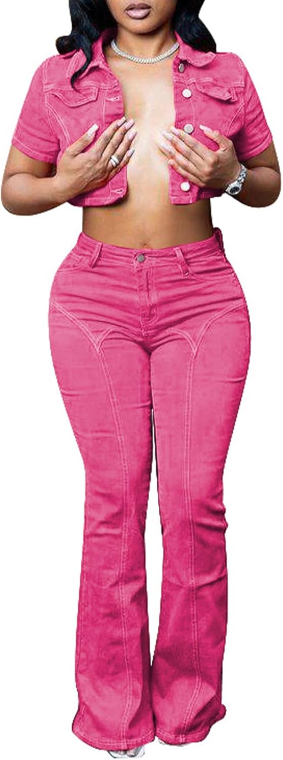 Molilove Women's Two Piece Set Colorful Denim Outfits Short Sleeve Button Cropped Jean Jacket Flare Pants Y2K Tracksuit