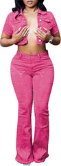 Molilove Women's Two Piece Set Colorful Denim Outfits Short Sleeve Button Cropped Jean Jacket Flare Pants Y2K Tracksuit