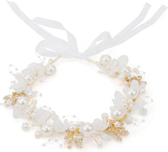 Semato Flower Girl Headpiece for First Communion Headpiece Princess Tiara Crown with Rhinestone and Pearl Headband Floral Wedding Prom for Girls and Women