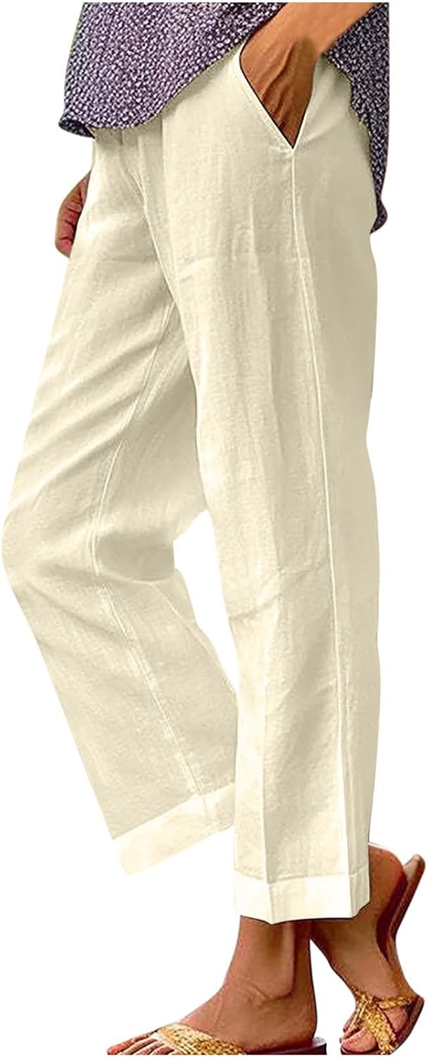 Cotton Linen Women Pants Solid Color Elastic Waist Straight Leg Casual Wide Leg Pants Spring Casual Relaxed Trouser D-628
