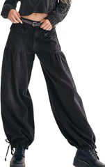 Women Baggy Cargo Jeans Mid Waist Wide Leg Ruffle Drawstring Parachute Denim Pants Vintage Sweatpants Pockets