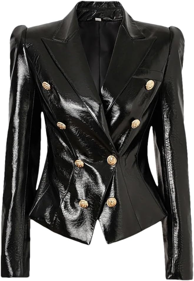 Women's PU Glossy Leather Jackets Shoulder Shrug Slim Full Sleeve Double Breasted Blazer