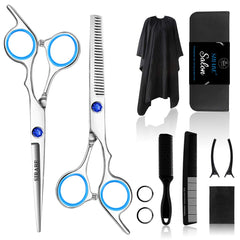 Sirabe 10 PCS Hair Cutting Scissors Set, Professional Haircut Scissors Kit with Cutting Scissors, Thinning Shears, Comb, Cape, Clips, Black Hairdressing Texturizing Shears Set for Barber, Salon, Home