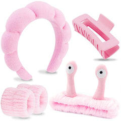 VELSCRUN Spa Headband, Makeup Face Wash Skincare Headbands, 5 Pcs Sponge Get Ready Bear Ears Hairband Facial Wristband Hair Clip Set, Stuff for Teen Girls Women Trendy Hair Accessories Dark Brown