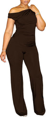 CXXQ 2 Piece Club Outfits for Women Clubwear Sexy Off Shoulder Ruched Crop Tops Bodycon Wide Leg Pant Sets Pantsuits