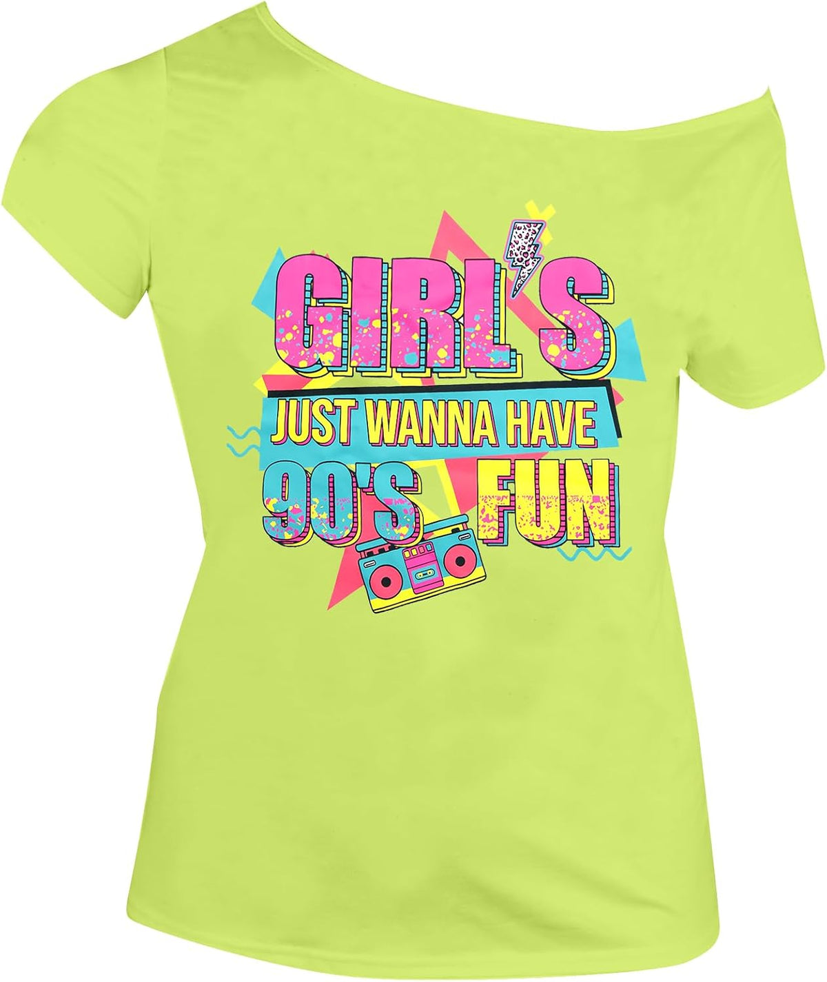 90s 80s Outfit for Women 80's Theme Party Disco Shirt Off The Shoulder Tops Vintage 90s Neon Off Shoulder Top